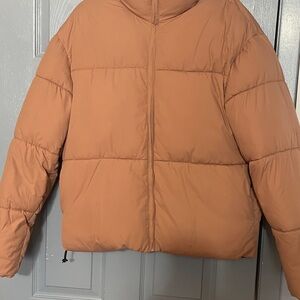 ADPT cropped stand collar puffer jacket in dusky pink